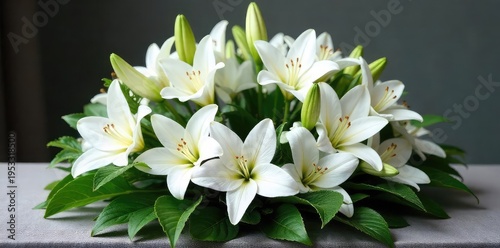 A classic, elegant funeral wreath crafted with white lilies and greenery Perfect for a memorial service or gravesite tribute Shows impeccable detail and craftsmanship , honor, white flowers