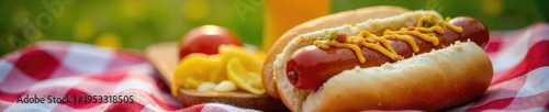 A classic picnic hot dog in a toasted bun, with mustard and relish, nestled amongst a checkered blanket and surrounded by summery picnic fare ,  casual,  delicious,  vegetables