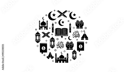 Islamic glyph icon collection in circular layout with mosque crescent lantern and prayer symbols vector set