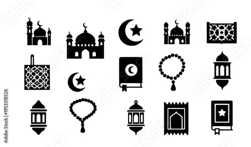 Islam glyph icon set with mosque crescent Quran lantern and Islamic symbols modern solid vector collection