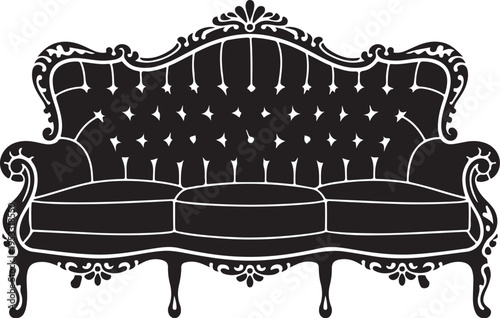 Black tufted ornate sofa with white outline couch