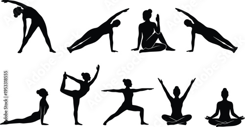 Yoga Pose Silhouette Collection Featuring Meditation, Stretching, Balance and Flexibility Exercises for Fitness, Wellness, Healthy Lifestyle and Mindfulness Practice