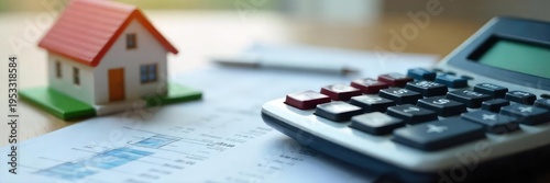 A close-up shot of a calculator displaying numbers related to mortgage interest calculations, alongside a house miniature and paperwork , real estate investment, home equity