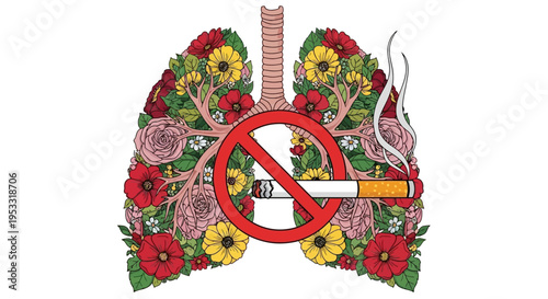 Lungs with flowers and cigarette symbol.