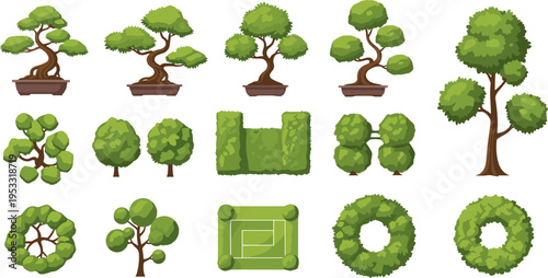 Bonsai and Decorative Tree Icon Set Featuring Various Greenery Shapes, Bushes, and Garden Elements