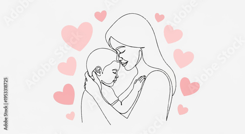 Tender mother holding baby with love hearts around them in a sweet romantic moment of affection and care