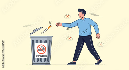 Man throwing cigarette into trash can.
