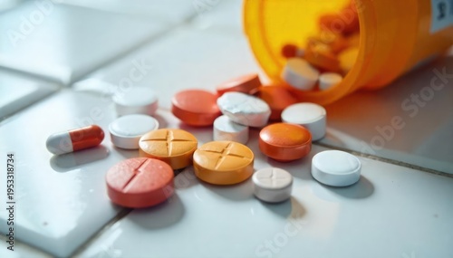 A close-up shot of various prescription pills spilled onto a white bathroom tile floor, highlighting the potential dangers of medication misuse and accidental ingestion , composition, illness