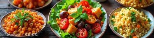 A colorful and vibrant spread of vegetarian dishes, including roasted vegetables, fresh salad, and hearty grains, perfect for a healthy and delicious meal , healthy, wholesome, vegetarian food