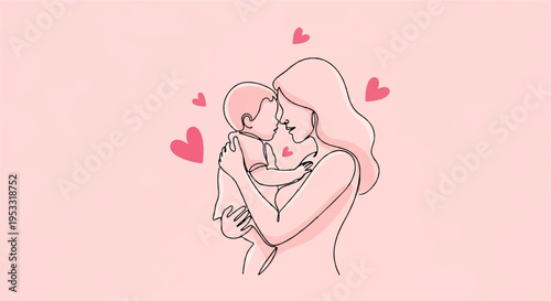Tender moment of a woman hugging a child with hearts around them on a soft pink background