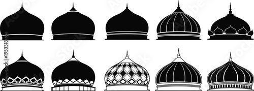 Collection of Islamic Mosque Dome Silhouettes Featuring Various Traditional Arabic Architectural Roof Designs for Ramadan Kareem Eid Mubarak and Masjid Construction Vector Graphics