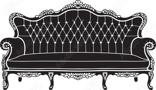 Black tufted sofa with white outline and ornate carvings