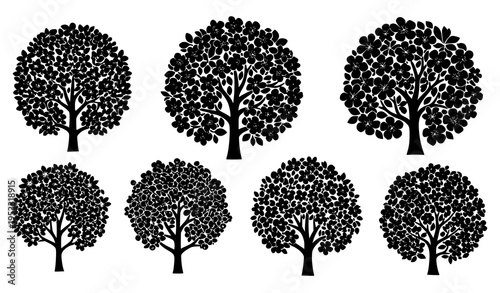 Stylized Malus tree and crabapple blossom set ornamental spring shrub modern vector illustration