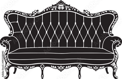 Black tufted sofa with white outline and ornate carvings