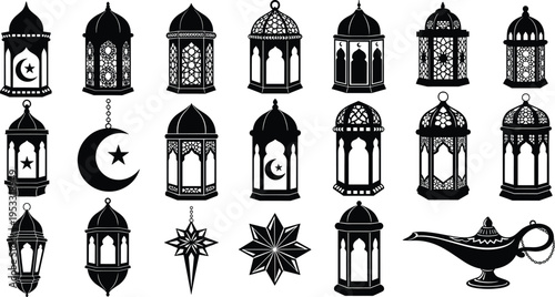 Black Ramadan Lantern Silhouette Collection Featuring Islamic Fanous Lamps Ornate Stars Crescent Moon and Traditional Arabic Oil Lamp for Eid Kareem Decoration Vector