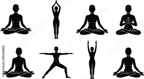 Woman Yoga Poses Silhouette Set with Meditation Lotus Position, Warrior Stretch and Mindfulness Practice for Fitness Wellness Healthy Lifestyle Vector