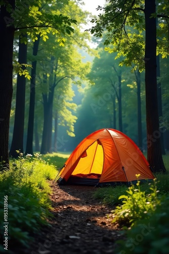 A cozy camping tent pitched in a lush green forest clearing, sunlight dappling through the trees Ready for a relaxing outdoor adventure , gear, autumn, travel