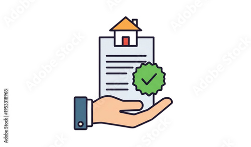 A hand holding a document with a house and a green checkmark