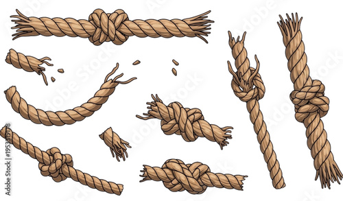 A vector graphic illustration of various rope knots and ends