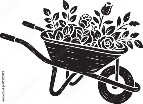 Black wheelbarrow filled with flowers and leaves white