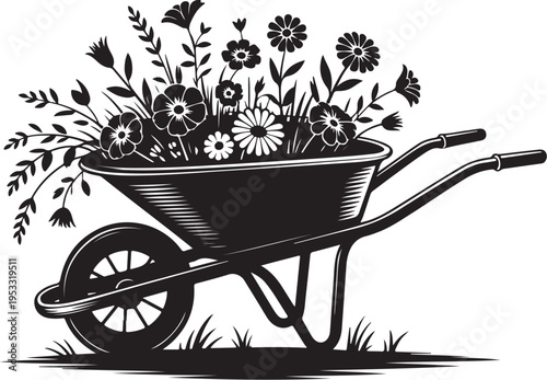 Black wheelbarrow filled with flowers gardening black and white