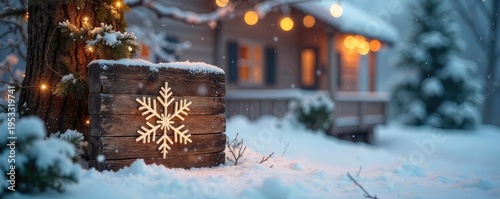 A cozy winter scene featuring a rustic wooden sign with a snowflake design, snow-covered branches, and a warm, inviting ambiance perfect for holiday or winter-themed projects , background, wooden
