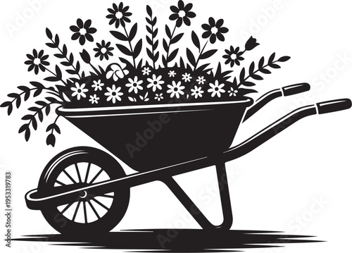 Black wheelbarrow filled with white and black flowers
