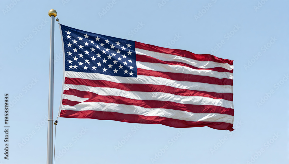 Obraz premium American Pride: A vibrant American flag waves proudly against a clear, sunny sky, symbolizing freedom, patriotism, and the spirit of the nation.