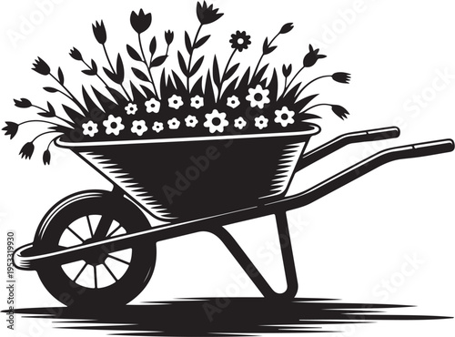 Black wheelbarrow filled with white flowers and greenery