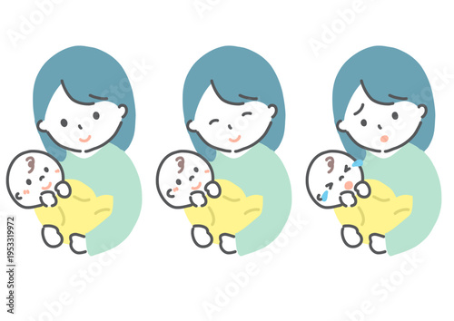 赤ちゃんを抱っこする母親　表情バリエーション　手書き風イラスト