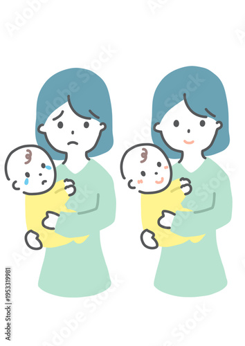 赤ちゃんを抱っこする女性　正面　手書き風イラスト