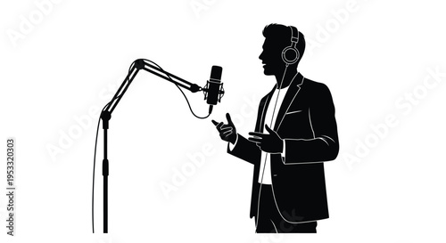 Silhouette of a professional man wearing headphones speaking animatedly into a studio microphone setup for broadcasting.