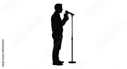 A silhouette of a man speaking confidently into a microphone, delivering an impactful presentation or a powerful vocal performance.