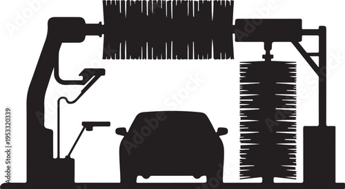 Car wash brushes and vehicle silhouette black and white
