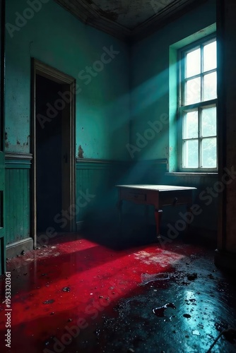 A dimly lit room, blood splatter on the floor near an overturned table, suggesting a violent struggle and aftermath of a crime , investigation, blunt force trauma, murder