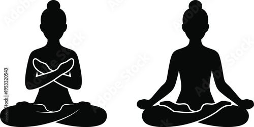 Two Woman Yoga Meditation Silhouettes in Lotus Pose with Mudra Hands and Self Love Gesture for Mindfulness Wellness