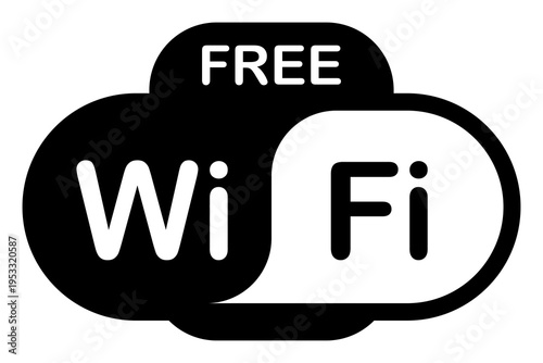 Free wifi compact badge icon in black, wireless internet label with bold rounded shape and split text, minimal hotspot symbol for apps, UI, menus, and signage, PNG with transparent background