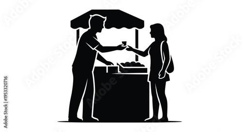 Silhouette depiction of a vendor handing a small item to a customer at an outdoor market stall icon.