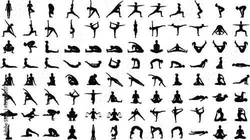 Large Collection of Yoga Pose Silhouettes Featuring Multiple Asanas for Fitness, Meditation, Flexibility, Balance Training and Wellness Practice