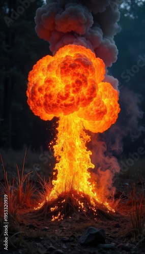 Fiery Orange Wildfire Dramatic Brush Fire Burning with Intense Heat and Smoke