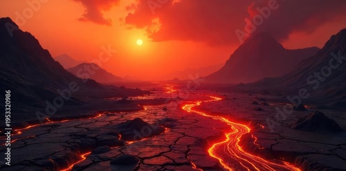 A fiery, volcanic landscape dominates this image; rivers of lava flow across a cracked, red surface under a smoky, orange sky Perfect for sci-fi, fantasy, or apocalyptic themes , apocalyptic, desert