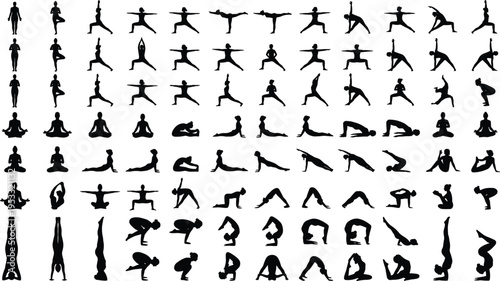 Large Collection of Yoga Pose Silhouettes Featuring Multiple Asanas for Fitness Training, Flexibility, Meditation, Balance and Wellness Lifestyle Practice