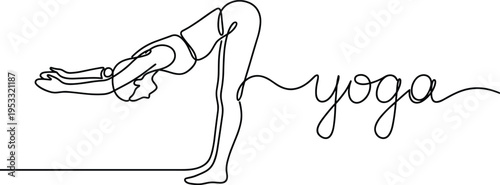 Continuous Line Yoga Pose Illustration with Woman Stretching Forward Bend and Yoga Text for Wellness, Fitness and Mindfulness