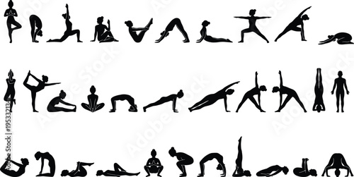 Collection of Yoga Pose Silhouettes with Various Asanas for Meditation, Stretching, Flexibility, Balance Training and Healthy Fitness Lifestyle
