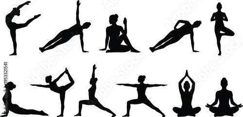 Collection of Yoga Pose Silhouettes for Fitness, Meditation, Stretching, Balance Training, Wellness Lifestyle, Flexibility Exercise and Mindfulness Practice Design Vector