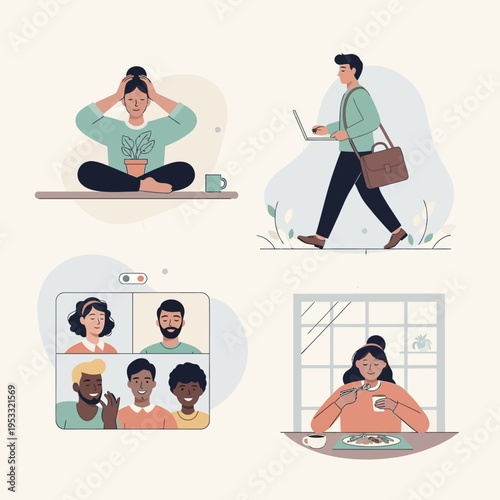 Illustration of People Working Remotely from Home.