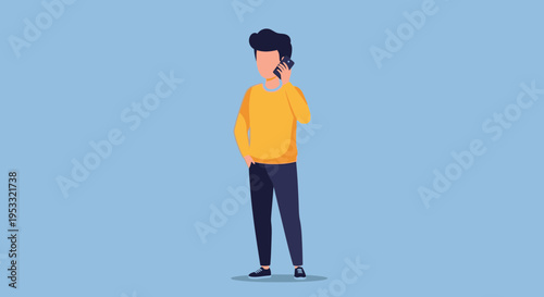 A man in yellow sweater talking on phone.