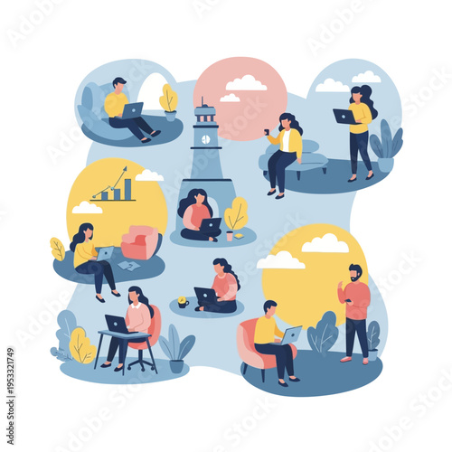 People Working Remotely with Laptops and Devices.