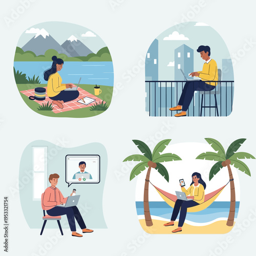 People Working Remotely in Various Locations.