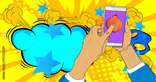 Cartoon Smartphone, comic book Telephone with Onion. Retro vector comics pop art design.